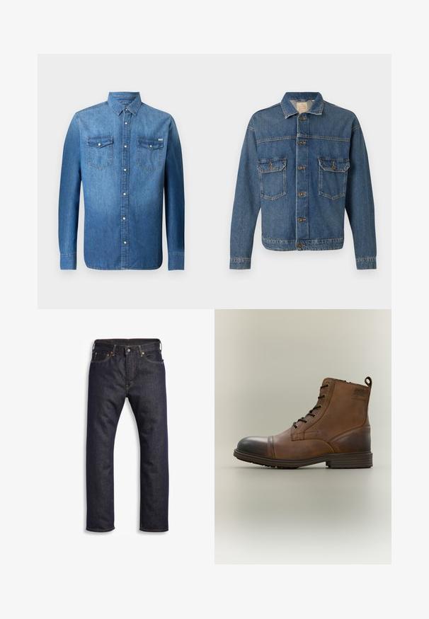Sinine denimpaariga jakk, nuppude ees, kahe nööbitava rinna-taskuga ja klassikalise kraega lihtsal taustal.; Keskmise sinise värviga denimist särk, millel on pikad varrukad, nööpidega esihazad, kaks rinna taskut ja klassikaline terav krae.; Tumed sinine teksapükk, sirge lõikega, viie-tasku kujundusega, metallist detailidega ja kontrastsete oranžide õmblustega. Sile tekstuur, nähtavad mustrid puuduvad.; Pruun nahast paeltega anklasaabas musta varbakatte, ümarate tallade ja küljele trükitud kaubamärgiga, tavalise tausta vastu.