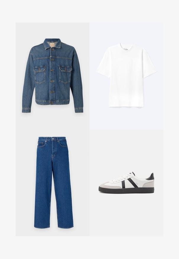 Blå denimjakke med knapfront, to knaplukningsbrystlommer og en klassisk krave på en ensfarvet baggrund.; Enkel hvid T-shirt med korte ærmer og rund hals med afslappet pasform, vist på en lys baggrund.; Bredde ben blå jeans lavet af denim, med høj talje, fem-lomme design og kontrastsyninger langs sømene og lommerne.; Hvide sneakers med sorte og grå detaljer, med en tekstureret grå tåhætte, sort gummisål og flade hvide snørebånd. Rent design, minimalistisk stil.