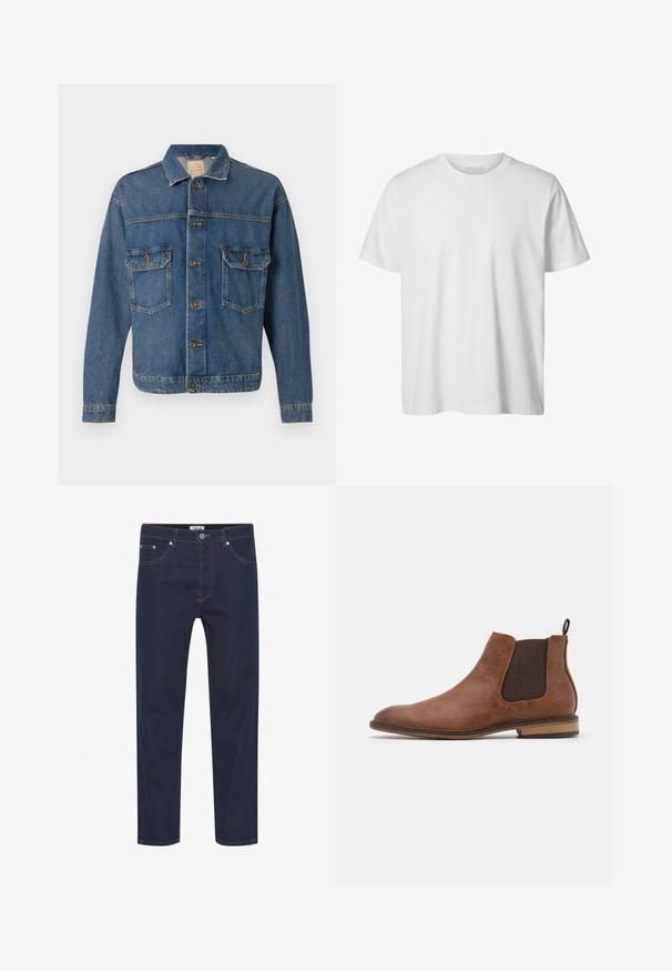 Sinine denimpaariga jakk, nuppude ees, kahe nööbitava rinna-taskuga ja klassikalise kraega lihtsal taustal.; Lihtne valge lühikeste varrukatega ümara kaelusega t-särk, lõdva istuvusega, esiküljel pole nähtavaid logosid või mustreid.; Tumedat sinised teksad sirge lõikega, kerge õmblusega, viie tasku ja nupuga kinnisega vööl. Sile tekstuur.; Pruun nahast Chelsea saapad elastsete külgpaneelidega, ümarate varvastega ja tõmbejõu ribaga. Omab tekstuurset viimistlust ja madalat puitharja.