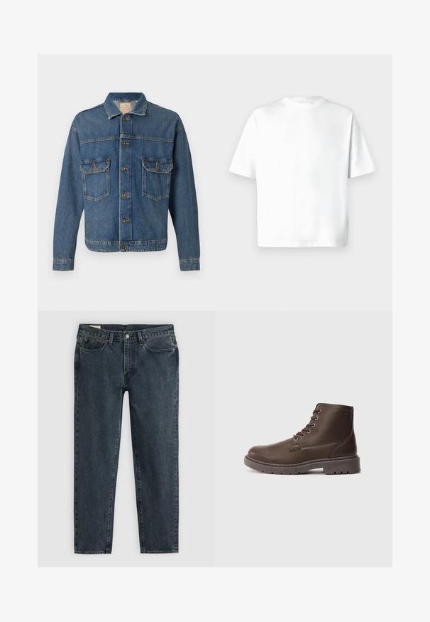 Blaue Jeansjacke mit Knopföffnung, zwei knopfverzierten Brusttaschen und klassischem Kragen auf einem einfarbigen Hintergrund.; Weißes Kurzarm-T-Shirt aus weicher Baumwolle, mit Rundhalsausschnitt und lockerem Sitz, ohne Muster oder Grafiken. Glatte Textur.; Dunkelblaue Denim-Jeans mit geradem Bein, fünf Taschen und einem Knopfverschluss. Subtile Ausbleichungen verleihen dem Stoff Textur.; Braune Leder-Schnürstiefelette mit dickem, robustem Profilsohle und Metallösen, Seitenansicht vor einem schlichten hellgrauen Hintergrund.