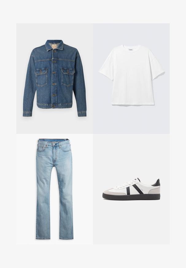 Blauwe denimjack met knopen aan de voorkant, twee met knopen afgewerkte borstzakken en een klassieke kraag op een effen achtergrond.; Witte oversized T-shirt met korte mouwen, ronde hals en verlaagde schouders, plat op een lichtgrijze achtergrond.; Lichtblauwe denim jeans, rechte pijpen, met vijf zakken, contrasterende stiksels en een knoopsluiting bij de tailleband.; Witte sneaker met zwarte en grijze accenten, voorzien van een grijze neus met textuur, zwarte rubberen zool en platte witte veters. Schoon ontwerp, minimalistische stijl.