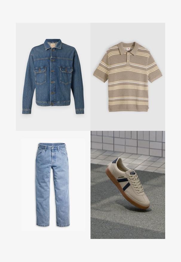 Sinine denimpaariga jakk, nuppude ees, kahe nööbitava rinna-taskuga ja klassikalise kraega lihtsal taustal.; Beež lühikeste varrukatega kootud polo särk, millel on horisontaalsed valged ja kollased triibud, nööbitav lõhike ja tekstuuriga avatud kudumiga muster.; Hele sinised sirgelõikelised teksapüksid ees oleva nööbi ja luku, vöökandurite ning diagonaalsete esitaskutega.; Bežist sneaker, millel on tekstureeritud viimistlus, tumesinised triibud ja kummi tald. Omab pehmendustega keelt ja traditsioonilist nööpimissüsteemi kindla istuvuse tagamiseks.