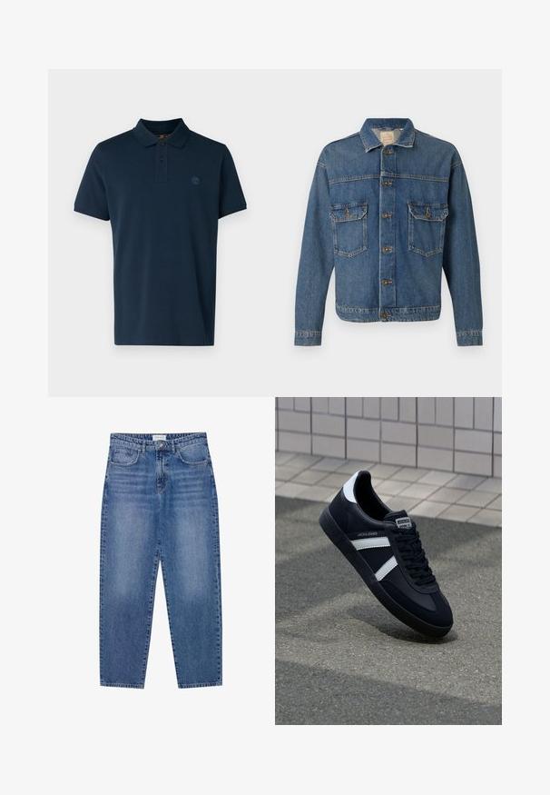 Chaqueta de mezclilla azul con cierre de botones, dos bolsillos en el pecho con botón y un cuello clásico sobre un fondo liso.; Camisa polo de color azul marino hecha de algodón, con cuello y tres botones, y un pequeño logo en el pecho. Mangas cortas.; Vaqueros de mezclilla azul con un diseño de cintura alta y pierna recta, en acabado desgastado. Presenta cinco bolsillos y un cierre de botón.; Zapatilla de cuero negra con rayas blancas, suela de goma texturizada y parte frontal con cordones. Cuenta con una etiqueta de marca en la lengüeta.