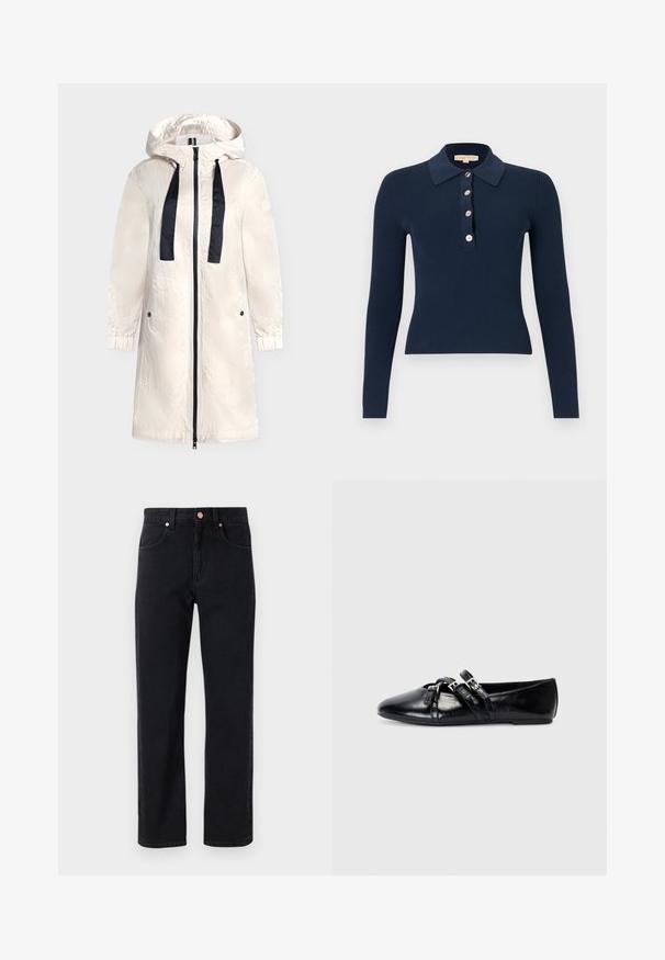 Long manteau blanc à capuche avec fermeture éclair noire et cordons noirs, poignets élastiques et poches latérales à boutons-pression.; Polo bleu marine à manches longues côtelées avec quatre boutons sur le devant et un col classique, coupe slim.; Jean en denim noir avec une coupe droite, design cinq poches, détails en bouton cuivré et couture minimale visible.; Ballerines en cuir noir avec un bout pointu, deux brides décoratives avec des boucles en argent, et une texture lisse et brillante.