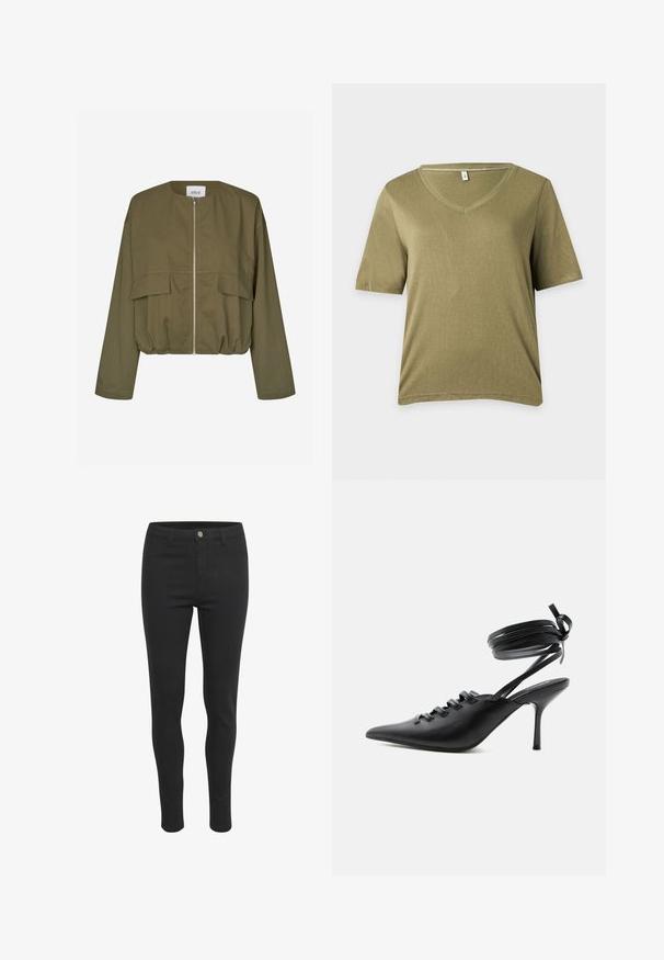 Gekürzte olivgrüne Jacke aus leichtem Stoff. Mit Frontreißverschluss, zwei Brusttaschen und elastischem Saum.; Olivegrünes Baumwoll-T-Shirt mit kurzem Arm, V-Ausschnitt, schmaler Passform und sichtbaren Nähten entlang des Halsausschnitts und der Ärmel.; Schwarze Skinny-Jeans mit glattem Stoffgefühl, ausgestattet mit einem vorderen Knopfverschluss, fünf Taschen und einem eng anliegenden Schnitt.; Schwarzer spitzer High-Heel-Schuh mit Schnürung vorne und wickelnden Knöchelriemen, die zu einer Schleife gebunden sind, von der Seite auf weißem Hintergrund gezeigt.