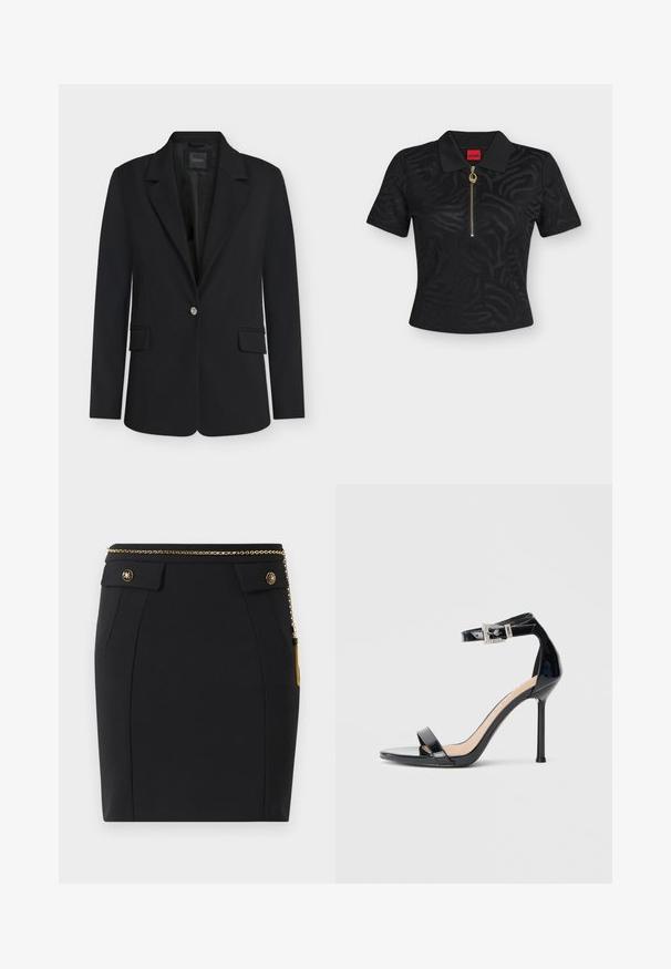 Schwarzer maßgeschneiderter Blazer mit Kerbklappen, langen Ärmeln, zwei vorderen Pattentaschen und einem einzelnen dekorativen Knopf vorne.; Schwarzes kurzärmeliges Poloshirt mit dezentem Zebramuster, goldfarbenem Reißverschluss mit rundem Zug und rotem Markenetikett im Krageninneren.; Schwarzer, taillierter Rock mit vorderen Klappentaschen, goldenen dekorativen Knöpfen und einem dünnen goldenen Kettengürtel mit einem Quast auf der rechten Seite.; Schwarzer Riemchensandale aus Lackleder mit hohem Absatz und Knöchelriemen. Verfügt über ein minimalistisches Design, offene Zehenpartie und eine Schnalle mit Strassakzenten.