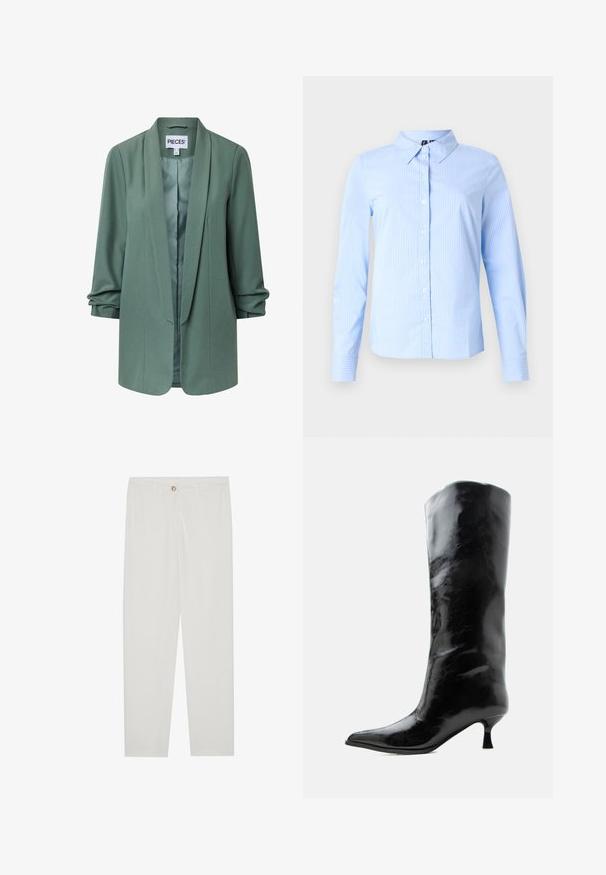 Blazer ajusté vert clair avec col châle, manches longues, ouverture sur le devant et léger fronçage aux poignets.; Chemise bleu clair à manches longues avec fines rayures blanches et col pointu, présentée sur un fond uni.; Pantalon blanc sur mesure avec une coupe droite, doté d'une fermeture à bouton, de passants de ceinture et de poches latérales ; texture de tissu lisse.; Botte en cuir noire brillante, haute jusqu'au genou, avec bout pointu et talon bas courbé sur un fond clair uni.