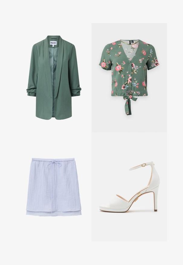Hellgrüner, taillierter Blazer mit Schalkragen, langen Ärmeln, offenem Vorderteil und leichter Raffung an den Ärmelabschlüssen.; Grünes Crop-Top mit Blumenmuster, V-Ausschnitt, kurzen Ärmeln, Knopfleiste und vorderem Bindedetail. Mit pinken und blauen Blumenmustern.; Hellblauer knielanger Rock mit elastischem Bund und Frontbindung, mit einem mehrlagigen, strukturierten Stoffdesign.; Weiße Sandale mit hohem Absatz, Knöchelriemen und offenem Zehenbereich, mit dünner goldener Schnalle und schlankem Stilettoabsatz.