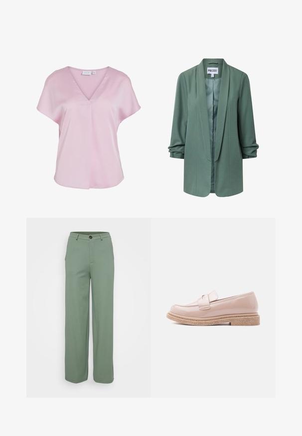 Americana entallada de color verde claro con cuello chal, mangas largas, diseño abierto en el frente y ligero fruncido en los puños.; Blusa rosa claro de manga corta con escote en V y corte suelto, hecha de tela suave, con un pequeño detalle de pliegue en la parte delantera.; Pantalones de pierna ancha en una tela verde claro con una textura suave. Presenta un cierre de botón en la parte delantera y dos bolsillos laterales.; Mocasín rosa pálido brillante con una suela texturizada en tono beige y una correa a juego sobre la parte superior, mostrado de perfil sobre un fondo claro.