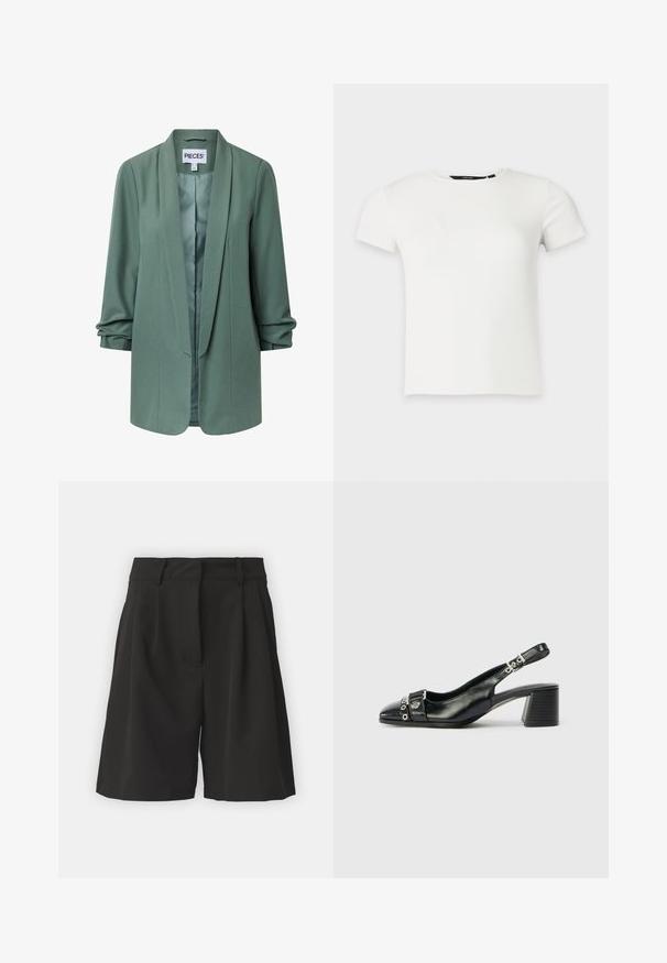 Lichtgroene, getailleerde blazer met sjaalkraag, lange mouwen, open voorkant en lichte plooien bij de manchetten.; Wit geribbeld gebreid T-shirt met korte mouwen en een ronde hals, weergegeven op een effen lichtgrijze achtergrond.; Zwarte shorts met een op maat gemaakte ontwerping, voorzien van plooien aan de voorkant, een brede tailleband en een soepele textuur. Geen zichtbare zakken.; Zwart leren slingback hak met een spitse neus, eenTextuur strap met cirkelvormige metalen accenten en een gestapelde blokhak.