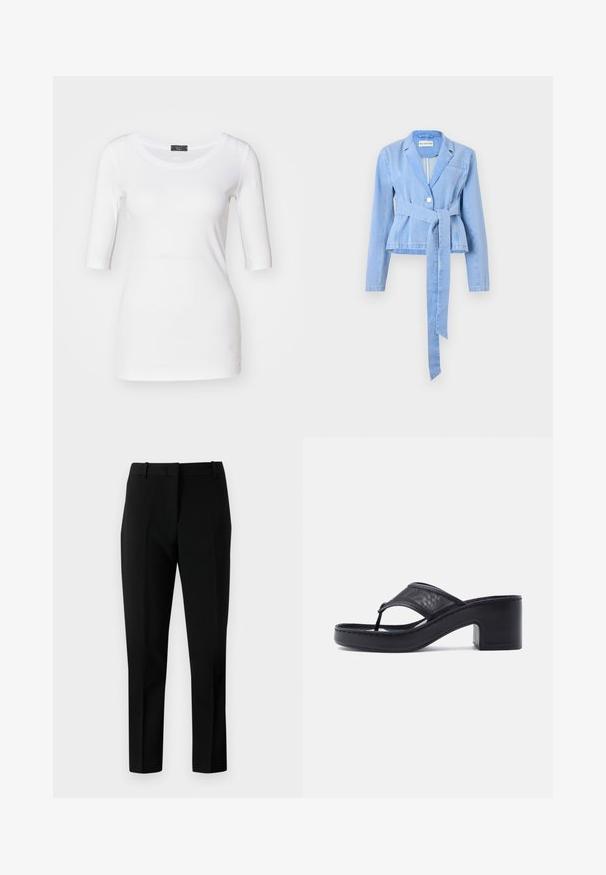 Blazer en denim bleu clair avec des manches longues, une taille cintrée, une ceinture à nouer, une fermeture à un bouton et un col à revers. Dispose d'une poche poitrine.; T-shirt ajusté blanc avec des manches trois quarts, texture douce, encolure ronde et un détail d'accent sur le côté près de l'ourlet.; Pantalons noirs ajustés avec passants de ceinture et détails de plis à l'avant.; Sandale noire à talon aiguille avec un talon épais et une large bride en mesh sur le dessus du pied, sur un fond clair uni.