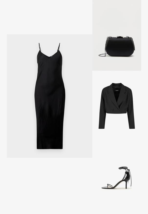 Sort cropped blazer lavet af glat stof. Har en dobbeltradet front med to sorte knapper og skarpe revers. Lange ærmer inkluderet.; Sort sømløs midi kjole med tynde spaghetti stropper og V-udskæring, præsenteret på en ensfarvet hvid baggrund.; Sort højhælet sandal med tynde remme, ankelbind og en mellem-høj stilethæl på en hvid baggrund.; Sorte clutch taske med en glat, mat finish, afrundet form og en sølv kædetras. Har en geometrisk lukningsdetalje på toppen.