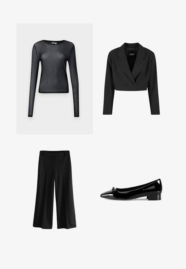 Sort cropped blazer lavet af glat stof. Har en dobbeltradet front med to sorte knapper og skarpe revers. Lange ærmer inkluderet.; Sort, langærmet, gennemsigtig mesh-top med rund hals og tætsiddende silhuet vist på ensfarvet baggrund.; Sorte brede bukser med en glat stofkvalitet, der har høj talje, folder og et skrædder-agtigt design. Ingen synligt hardware eller mønstre.; Sort laklæder ballerina flad sko med spids tå, lav blokhælsokkel og dekorativ sløjfedetalje på skosnuden. Glat, blank overflade.