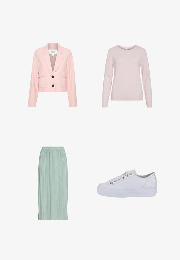 Skasovaný ružový blazer vyrobený z ľahkého materiálu, s výstrihom do "V", sošívanými prednými vreckami a zapínaním na jeden gombík.; Svetloružový dlhý pletený sveter s okrúhlym výstrihom a rebrovanými manžetami a lemom, zobrazený na bielom pozadí.; Svetlozelená plisovaná midi sukňa s elastickým pásom, rovný strih a ľahká látka.; Biele kožené tenisky s hladkou textúrou, zaoblenou špičkou a zdvihnutou bielou podrážkou. Obsahujú strieborné očká a ploché šnúrky.