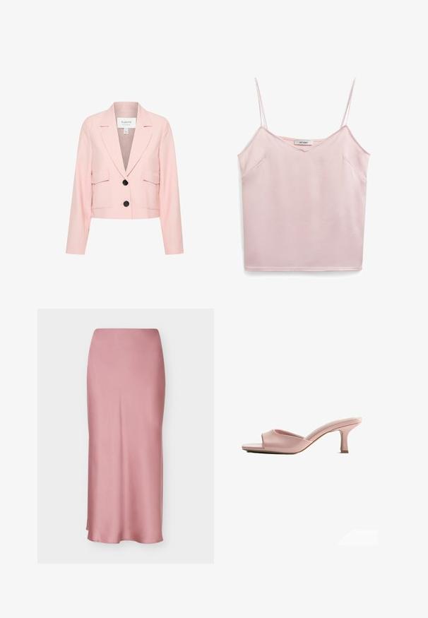 Blazer rose court fabriqué en tissu léger, avec un col cranté, deux poches avant et une fermeture à un bouton.; Haut sans manches rose avec des bretelles fines, décolleté en V, texture douce et deux poches latérales. L'étiquette indique "IVY OAK". Design simple et épuré.; Jupe midi en satin rose mauve taille haute avec une silhouette lisse, légèrement évasée et un ourlet droit.; Mule en cuir rose à bout ouvert avec un talon moyen bas et fin et une semelle intérieure légèrement rembourrée.