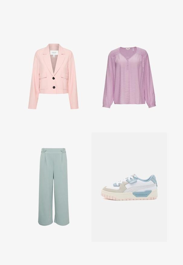 Gekürzter rosa Blazer aus leichtem Stoff, mit Reverskragen, zwei frontalen Taschen und einer Ein-Knopf-Verschluss.; Helllila Bluse mit langen Ärmeln und V-Ausschnitt, zwei Knöpfen an der Vorderseite und strukturierten, gerafften Schultern. Weicher, leichter Stoff.; Hellblaue, weit geschnittene Hosen mit glatter Textur, ausgestattet mit zwei Vorderfalten und dekorativen Knopfakzenten am Bund.; Sneaker mit einem Obermaterial aus weißem Leder, hellblauen Akzenten, beigen Wildlederpaneelen und einer strukturierten rosa Gummisohle; gesticktes Logo an der Seite.