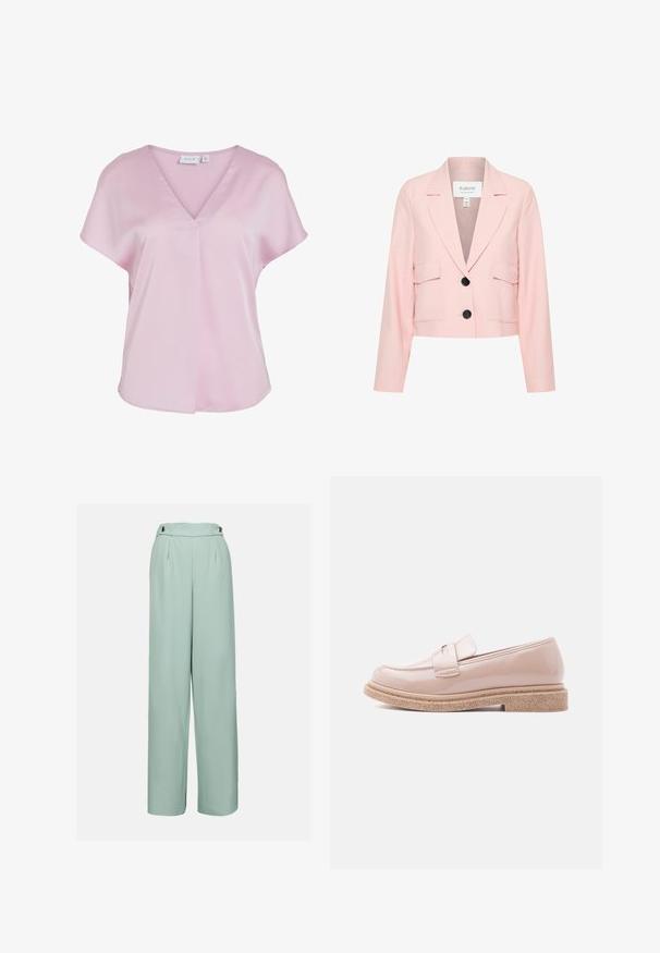 Skasovaný ružový blazer vyrobený z ľahkého materiálu, s výstrihom do "V", sošívanými prednými vreckami a zapínaním na jeden gombík.; Svetloružová blúzka s krátkymi rukávmi, výstrihom do V a voľným strihom, vyrobená z hladkej látky, s malým predným záhybom.; Svetlozelené nohavice s širokými nohavicami vyrobené z hladkého materiálu, s vysokým pásom, záhybmi a dekoračnými gombíkmi na páse.; Lesklá bledo ružová mokasína s textúrovanou béžovou podrážkou a zodpovedajúcim remienkom cez hornú časť, zobrazená z profilu na svetlom pozadí.