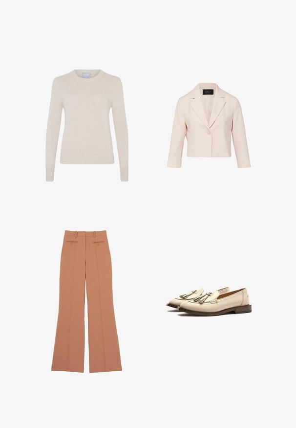 Hellrosa gekürzter Blazer mit Ein-Knopf-Verschluss, gekerbtem Revers und dreiviertellangen Ärmeln.; Style Republic Strickpullover - sand; Weite Hosen aus hellbraunem Stoff mit zwei Vordertaschen, dezenten Nahtdetails und einer glatten Textur.; Scarosso Slipper - off white calf
