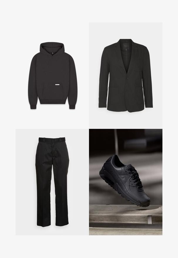 Brave Soul BEDFORD - Veste de costume - black; Sweatshirt noir avec capuche, poche avant, poignets et ourlet côtelés. Fabriqué en tissu doux avec une étiquette sur la poche. Design minimaliste.; Pantalons noirs en tissu lisse, avec une coupe droite, des passants de ceinture et deux poches latérales. Look classique sans embellissements.; Baskets noirs Nike Air Max avec un dessus en cuir texturé, semelle en caoutchouc et un système de laçage proéminent, mettant en avant un design moderne et épuré.