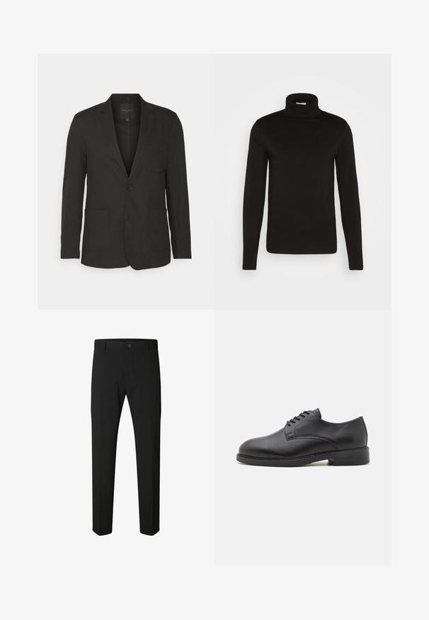 Brave Soul BEDFORD - Chaqueta de traje - black; Camiseta de cuello alto de manga larga negra, elaborada en una tela suave con un diseño ajustado y un cuello alto, ceñido. Sin patrones ni acentos visibles.; Pantalones negros de corte ajustado con cierre de botón y cremallera, trabillas para cinturón y piernas rectas sobre fondo blanco.; Zapato oxford de cuero negro con punta redonda, que presenta un acabado suave, cierre de cordones con cinco ojales y un tacón bajo apilado.