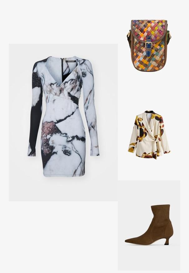 Crèmekleurige blazer met grote bruine, zwarte en gele bloemmotieven, een reverskraag en een gestrikte ceintuur in de taille, weergegeven op een witte achtergrond.; Langarm jurk met een marmerprint in wit, zwart en hints van roze, met een figuurvormige pasvorm en een diepe V-halslijn.; Bruine enkellaars met spits toelopende neus en lage kittenhak, gemaakt van glad materiaal, getoond tegen een effen achtergrond.; IZIA Schoudertas - black multicolor