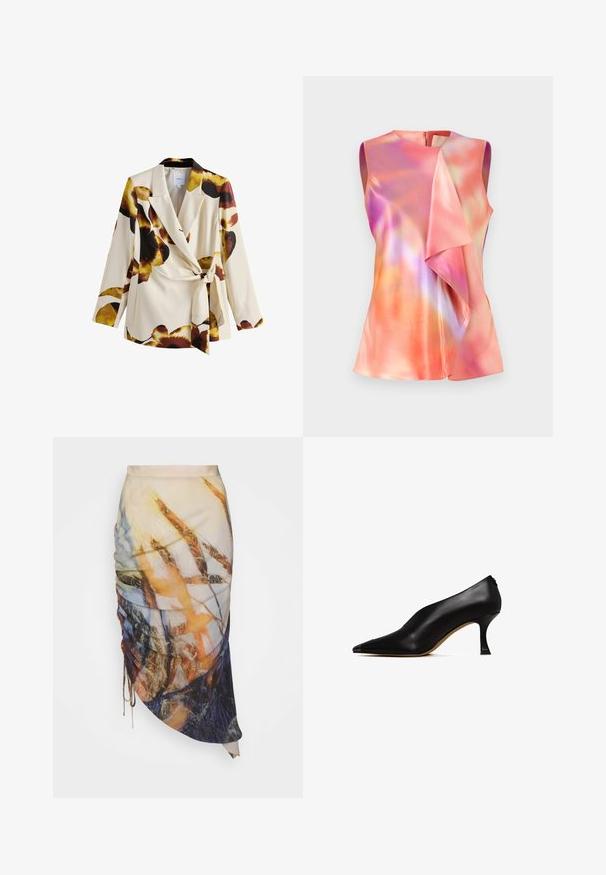 Cremefarvet blazer med store brune, sorte og gule blomsterprint, en reverskrave og et bindebælte i taljen, vist på hvid baggrund.; Ærmeløs top i satinmateriale, der præsenterer et farverigt abstrakt mønster med nuancer af pink, orange og violet, samt en draperet frontdesign.; Materiel DIAGONAL GATHERED SKIRT - Pencil skirt - golden hour; Sorte læder højhælede sko med spids tå og en slank, buet hæl. Har en glat tekstur og et minimalistisk design.