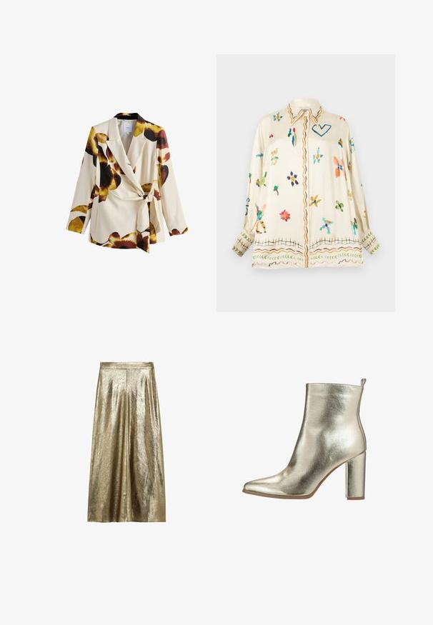 Cremefarvet blazer med store brune, sorte og gule blomsterprint, en reverskrave og et bindebælte i taljen, vist på hvid baggrund.; Kremfarvet skjorte med lange ærmer og knapper, med farverige abstrakte blomster- og hjerte mønstre, bølgede kantdetaljer på krave, forside, manchetter og kant.; Metaldetaljeret guld midi nederdel med en krøllet tekstur, lige taljebånd og let udvidelse på en hvid baggrund.; Metallic guld ankelstøvle med spids tå, glat tekstur og en chunky høj hæl. Har en løkke bagpå for nem påtagning.
