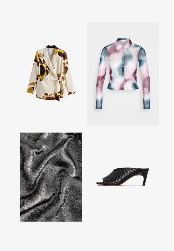 Cremefarvet blazer med store brune, sorte og gule blomsterprint, en reverskrave og et bindebælte i taljen, vist på hvid baggrund.; Even&Odd by Zalando Langærmet T-shirt - multi-coloured; Sort og sølv struktureret stof med en glitrende finish, der har glatte, flydende bølger og en subtil glans.; Sorte vævede mule-sandaler med åben tå og en slank, buet hæl. Materialet har en blank finish og viser et tekstureret, ternet mønster.