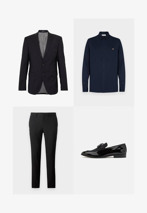 Mørkeblå blazer med to-knap lukning, slåede kraver, en brystlomme og sidelommer. Indvendig foret med gråt stof.; Marineblå langærmet skjorte lavet af glat stof, med knap-ned krave, sorte knapper og et lille gult fuglelogo på brystet.; Skræddersyede sorte bukser i et glat stof. Har et lige ben-design, frontfald og bæltestropper til justerbar størrelse.; Sorte patentlæder loafers med en lav hæl, der har et kontrasterende panel i sort stof og en dekorativ metal spænde accenter.