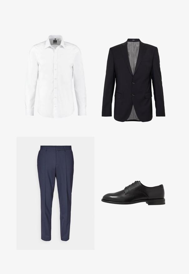 Mørkeblå blazer med to-knap lukning, slåede kraver, en brystlomme og sidelommer. Indvendig foret med gråt stof.; Hvid langærmet skjorte lavet af glat stof, med klassisk krave, knaplukning foran og manchetter med enkeltknapper. Ingen mønstre eller detaljer.; Mørkeblå dressbukser med lige snit, lavet af tekstureret stof, med forknydninger fortil, bæltestropper og sidelommer.; Sorte lædersko med en glat overflade, rund tå, seks snørrehuller og en lav stablet hæl. Enkel, klassisk design.