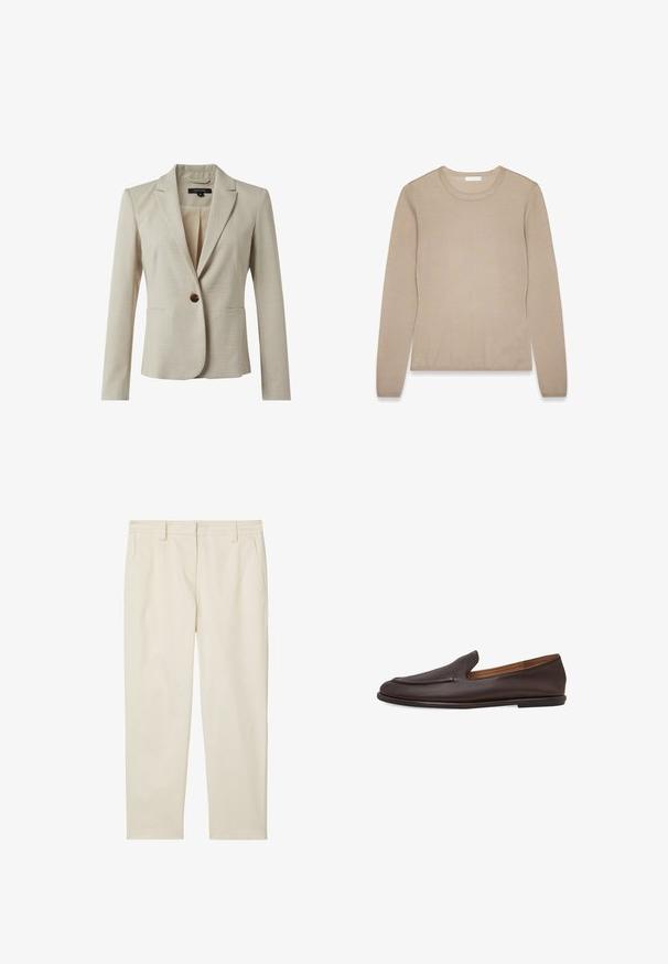 Beige blazer gemaakt van gestructureerde stof, met een enkele knoopsluiting, twee voorzakken en een gelapte kraag. Binnenvoering zichtbaar.; Beige langlopende trui met lange mouwen in een zachte brei, met een ronde halslijn en ribbels aan de manchetten, met een gladde textuur en strakke lijnen.; Marc O'Polo MODERN STYLE TAPERED LEG HIGH RISE WELT POCKET - Chino - chalky sand; Donkerbruine leren instap loafer met lage hak en gladde, afgeronde neus, afgebeeld tegen een witte achtergrond.