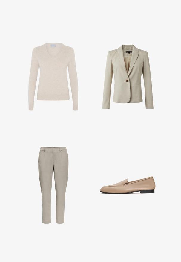 Beige Blazer aus strukturiertem Stoff, mit einer Single-Button-Verschluss, zwei Fronttaschen und einem schmalen Revers. Innenfutter sichtbar.; Beiger V-Ausschnitt-Pullover aus weichem Material, mit langen Ärmeln, taillierter Silhouette und geripptem Saum. Keine Muster oder sichtbare Hardware.; Hellgraue Slim-Fit-Hose mit Gürtelschlaufen, Seitentaschen und geradem Beinanschnitt vor weißem Hintergrund.; Beige Leder-Loafer mit glatter Oberfläche, niedrigem schwarzen Absatz und genähten Details an der Oberseite. Mit runder Spitze und minimalistischem Design.