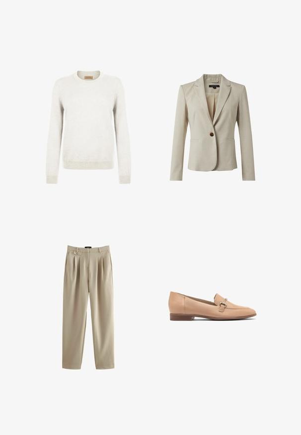 Blazer beige en tissu texturé, avec une fermeture à bouton unique, deux poches avant et un design à revers. Doublure intérieure visible.; Pull léger gris fabriqué en tissu tricot doux, avec un col rond et des manches longues, et des poignets et un ourlet côtelés pour un effet de texture supplémentaire.; Pantalons plissés beiges à coupe décontractée, dotés d'une fermeture à bouton et de passants de ceinture, fabriqués dans un tissu lisse avec une texture douce.; Mocassins en cuir beige avec un petit talon, présentant un design cousu et un petit accent en métal argenté sur le dessus. Texture lisse.