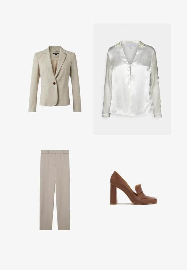 Beige Blazer aus strukturiertem Stoff, mit einer Single-Button-Verschluss, zwei Fronttaschen und einem schmalen Revers. Innenfutter sichtbar.; STUDIO ID ALYSSA - Bluse - champagne; Beige gerade geschnittene Hose mit Gürtelschlaufen und einem sauberen, minimalistischen Design, flach auf weißem Hintergrund präsentiert.; Braunes Lederhochzeitschuh mit quadratischer Spitze und einem breiten Riemen auf der Vorderseite. Der Absatz ist blockförmig und stabil.