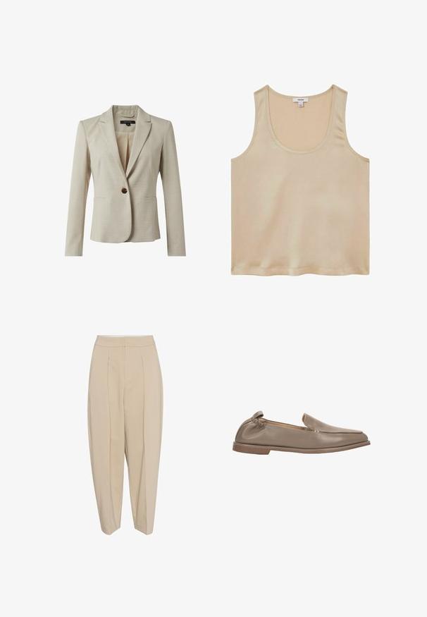 Beige blazer gemaakt van gestructureerde stof, met een enkele knoopsluiting, twee voorzakken en een gelapte kraag. Binnenvoering zichtbaar.; Reiss REGULAR FIT - Blouse - neutral; Beige op maat gemaakte broeken met een hoge taille, geplooide voorkant en taps toelopende pijpen. De stof lijkt glad met een subtiele glans. Geen zichtbare zakken.; Zachte beige leren instapschoen met platte zool, lage hak, elastische achterkant en bovenste stiksels in mocassijnstijl.