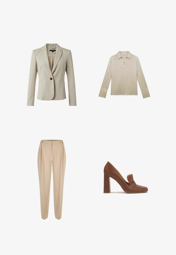 Beige Blazer aus strukturiertem Stoff, mit einer Single-Button-Verschluss, zwei Fronttaschen und einem schmalen Revers. Innenfutter sichtbar.; Beige Bluse mit langen Ärmeln, einem V-Ausschnitt und Knopfmanschetten, präsentiert auf weißem Hintergrund.; Beige maßgeschneiderte Hose mit Gürtelschlaufen, geraden Beinen und verdecktem Frontverschluss, auf einem weißen Hintergrund präsentiert.; Braunes Lederhochzeitschuh mit quadratischer Spitze und einem breiten Riemen auf der Vorderseite. Der Absatz ist blockförmig und stabil.