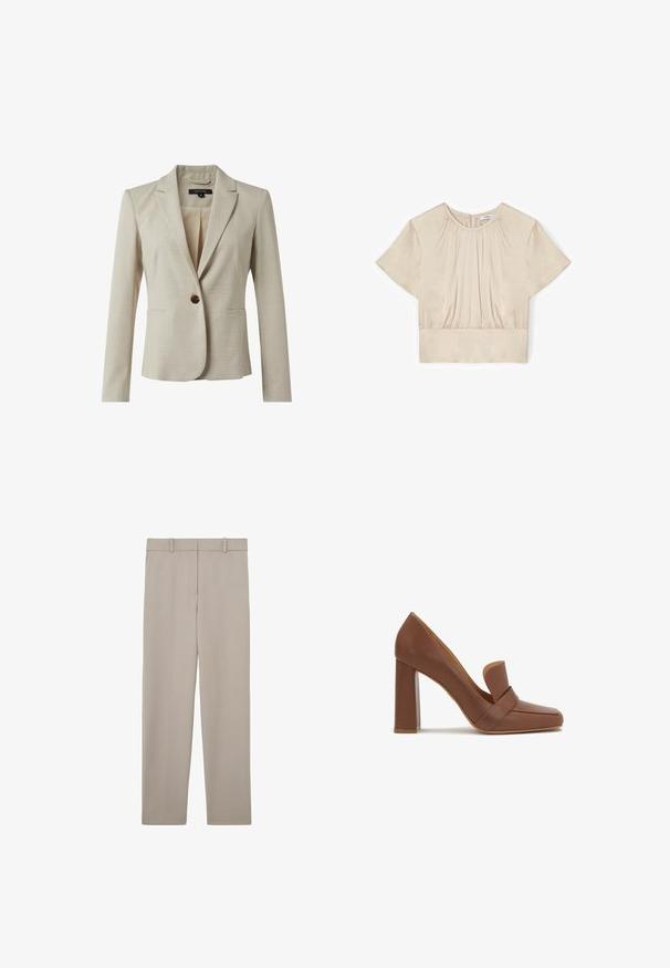 Blazer beige en tissu texturé, avec une fermeture à bouton unique, deux poches avant et un design à revers. Doublure intérieure visible.; Blouse beige à manches courtes avec encolure ronde, détails de tissu froncé sur le devant et ourlet à la taille.; Pantalon beige à jambes droites avec passants pour ceinture et design épuré et minimaliste, présenté à plat sur un fond blanc.; Chaussure à talon haut en cuir marron avec un bout carré et une large bride sur le devant. Le talon est en forme de bloc et solide.
