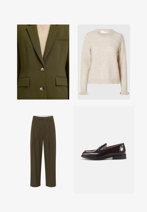 Blazer vert olive avec deux poches avant à rabat, une poche poitrine et deux boutons gris sur un haut beige clair.; Pull en tricot beige avec un col rond, des manches longues et des accents froncés au niveau des poignets ; texture douce avec un aspect légèrement duveteux.; Pantalons vert olive taille haute avec plis, design à jambes droites, deux poches avant et fermetures à boutons.; Mocassin penny pour homme en cuir brun foncé poli avec talon bas et détails cousus sur fond blanc.