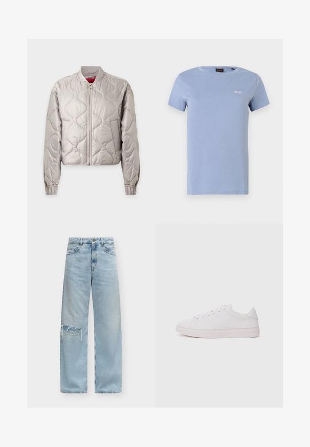 Veste bomber matelassée gris clair avec fermeture éclair à l'avant, poignets élastiques et col montant, présentée sur un fond uni.; T-shirt en coton bleu clair à manches courtes, col rond, avec le logo BOSS brodé en blanc sur le côté gauche de la poitrine. Texture douce, coupe décontractée.; Jean bleu clair taille haute à jambes larges avec un patch usé sur le genou gauche et un style classique à cinq poches.; Baskets blanches avec un dessus en cuir lisse, bout rond et semelle en caoutchouc plate. Présente un système de laçage et un logo discret sur le côté.