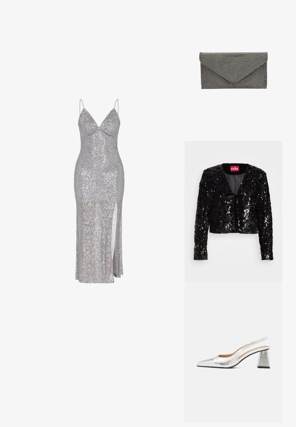 Sort sequined cropped jakke med lange ærmer, der har en V-udskæring, blød tekstur og en frontbinding detalje. Foret indre uden yderligere mønstre.; Sølv palietkjole med dyb udskæring, tynde stropper og højt slids. Glat tekstur med en tætsiddende silhuet.; Sølv slingback stiletto med spids tå, teksturelt metallic finish og en triangulær blokhæle. Indersiden har brune læderdetaljer.; Sort stof clutch med tekstureret naglemønster og kuvertlukning, der har en slank rektangulær form og ingen synlig hardware.