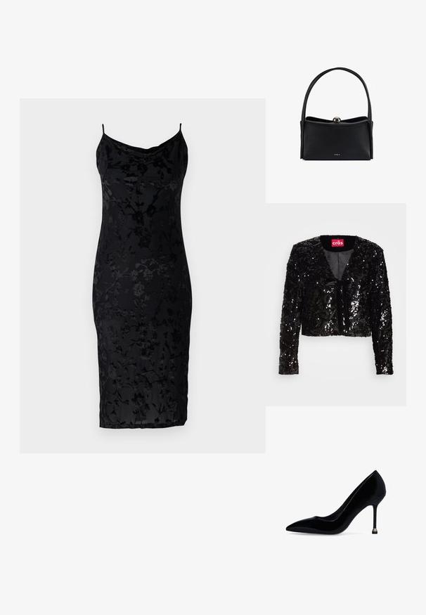 Sort sequined cropped jakke med lange ærmer, der har en V-udskæring, blød tekstur og en frontbinding detalje. Foret indre uden yderligere mønstre.; Sort tætsiddende kjole med blomstermønster, der har tynde stropper og en faldende halsudskæring. Fremstillet af glat stof med en struktureret overflade.; Sort lakeret læder højhælet pumpe med spids snude og slank stiletthæl, med metallisk spids ved hælbasen, på hvid baggrund.; Sort læderhåndtaske med struktureret design, rundet håndtag og metalspænde som lukning. Har præget branding på forsiden.