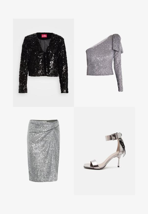 Sort sequined cropped jakke med lange ærmer, der har en V-udskæring, blød tekstur og en frontbinding detalje. Foret indre uden yderligere mønstre.; Sølv en-skal-top med teksturerede perler, tætsiddende design og flæseærmedetalje. Glat stof med skinnende overflade.; Sølvfarvet mini nederdel med pailletter og indpakningsdesign, der har en glat tekstur og en tætsiddende silhuet. Dekoreret med glitrende pailletter.; Metallic sølv åben tå højhælet sandal med ankelrem og spænde, med en dekorativ sløjfe på bagsiden.