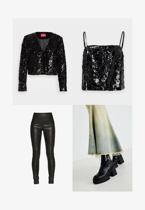 Schwarze, glitzernde, kurze Jacke mit langen Ärmeln, V-Ausschnitt, weichem Material und einer vorderen Bindeschleife. Futter ohne zusätzliche Muster.; Schwarzes Paillettentop mit dünnen verstellbaren Trägern, ausgestattet mit einem quadratischen Ausschnitt und einer strukturierten Oberfläche, die durch überlappende Pailletten entsteht.; Schwarze Lederleggings mit hoher Taille, schlankem Schnitt, glatter Textur und ohne sichtbare Nähte oder Hardwaredetails.; Schwarze Leder-Ankle-Boots mit einer groben strukturierten Sohle, kombiniert mit einem verwaschenen Jeansrock mit fransigen Kanten. Reißverschlussdetail an der Seite.