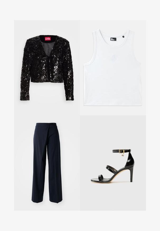 Schwarze, glitzernde, kurze Jacke mit langen Ärmeln, V-Ausschnitt, weichem Material und einer vorderen Bindeschleife. Futter ohne zusätzliche Muster.; Weißes Tanktop aus Baumwolle mit rundem Halsausschnitt, Armausschnitten und einem kleinen, geprägten Logo in der Mitte vorne. Glatte Textur.; Marineblaue weite Hosen mit Wickeldesign, glattem Stoff, hoher Taille und einem einzelnen Knopfverschluss vorne.; Schwarze Lackleder-Sandale mit drei Riemen, Knöchelriemen und 10 cm hohen Stiletto-Absatz. Verfügt über goldfarbene Hardware-Details und ein Logo-Charm.