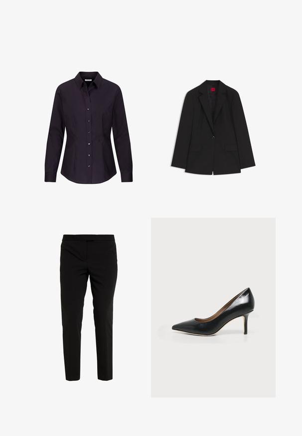 Zwarte blazer met één knoop, notched revers en klepzakken, gevoerde binnenkant en rode merklabel binnen in de kraag.; Zwarte damesblouse met lange mouwen, aangesloten pasvorm, knoopsluiting, kraag en naaddetails aan de zijkanten, getoond op een witte achtergrond.; Zwarte getailleerde broeken van een zachte stof, met een vlakke voorkant, zijzakken en een strakke silhouet. Geen zichtbare sluitingen.; Zwarte leren pumps met spits toelopende neus, een smalle kittenhak en een gladde, glanzende afwerking op een witte achtergrond.