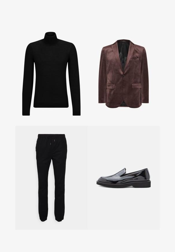 Blazer en velours brun avec une fermeture à un bouton, des revers pointus et deux poches avant ; texture lisse avec une doublure satinée.; Pull à col roulé noir en matériau doux, avec des manches longues et une coupe ajustée. Finition côtelée au bas et aux poignets. Design simple.; Pantalons de jogging noirs en tissu doux, dotés d'une taille élastique avec cordon de serrage, de poches latérales et de poignets fuselés.; Chaussure à enfiler en cuir verni noir avec un bout en amande, semelle en caoutchouc noir et finition lisse et brillante. Pas de matériel visible.