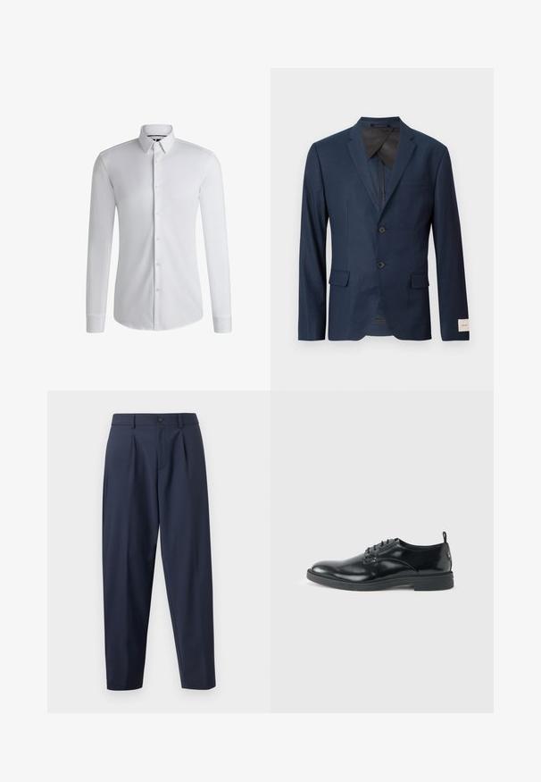 Blazer azul marino con dos botones, solapa con muesca, bolsillos delanteros con solapa y una etiqueta blanca en el puño de la manga.; Camisa blanca de manga larga hecha de tejido suave, con un cuello abotonado y una fila de botones en la parte delantera. Diseño simple.; Pantalones de corte ajustado azul marino con pliegues, hechos de una tela suave. Cuenta con un cierre de botón y un diseño de pierna cónica.; Zapato de vestir negro de cuero brillante con tacón bajo, cierre de cordones y puntera redonda, mostrado de lado sobre un fondo claro y liso.