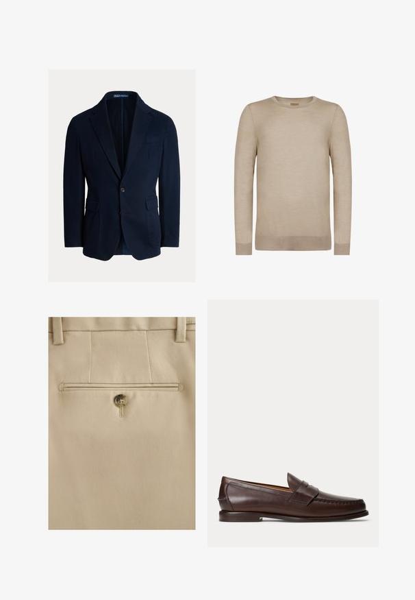 Marineblauer Blazer aus Baumwollmaterial, mit klassischem Revers, zwei Fronttaschen und einem Knopfverschluss, mit glatter Textur.; Beigefarbener Langarmpullover mit Rundhalsausschnitt, gerippten Bündchen und Saum, nahtloses Design und weichem Strickstoff.; Beige maßgeschneiderte Hose mit hinterer Tasche mit einem braunen Knopfverschluss und Gürtelschlaufen oberhalb des Bunds.; Dunkelbrauner Leder-Pennyloafer mit Nahtdetails und niedrigem gestapeltem Absatz, seitlich auf einfachem Hintergrund gezeigt.
