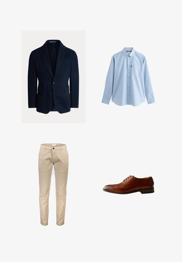 Blazer azul marino de algodón, con solapas con muesca, dos bolsillos delanteros y cierre de un solo botón, con una textura suave.; Camisa de manga larga color azul claro con botones, que cuenta con cuello, un bolsillo en el pecho y una textura sutil en la tela.; Pantalones de algodón beige con diseño de pierna recta, que cuentan con bolsillos delanteros, cierre de cremallera y un solo botón. Textura lisa, sin estampados.; Zapato de vestir masculino de cuero marrón con cordones cerrados, tacón bajo y acabado liso, mostrado de lado sobre un fondo blanco.