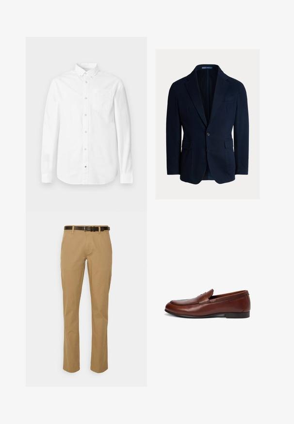 Marineblauer Blazer aus Baumwollmaterial, mit klassischem Revers, zwei Fronttaschen und einem Knopfverschluss, mit glatter Textur.; Weißes Langarmhemd aus Baumwolle. Verfügt über einen Button-Down-Kragen, eine Brusttasche und eine dezente Textur. Gerade Saumlinie mit Knopfverschlüssen.; Beige Baumwollmischungshosen mit geradem Bein und einem dunkelbraunen Gürtel. Mit Fronttaschen und einem sauberen Saumabschluss.; Brauner Lederloafer mit abgerundetem Zehenbereich, Ziernähten und einem kleinen oberen Riemen. Glatte Oberfläche mit niedrigem rechteckigem Absatz.